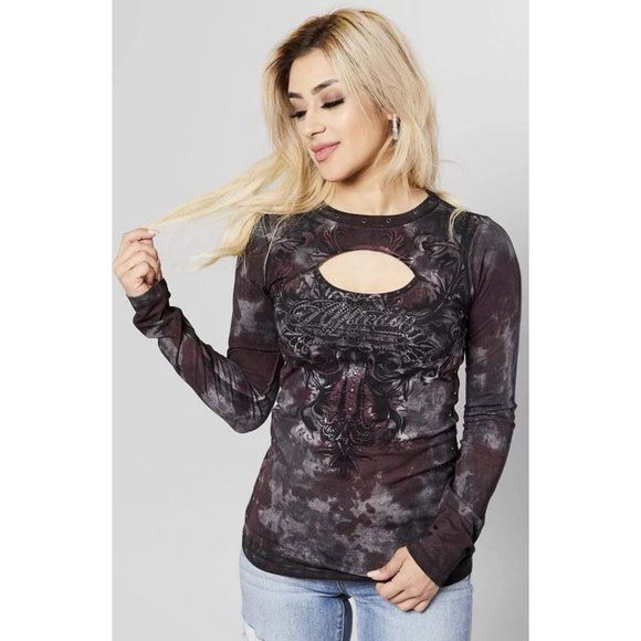 AFFLICTION Women's T-Shirt L/S CYPRESS Tee Biker - Picture 2 of 12